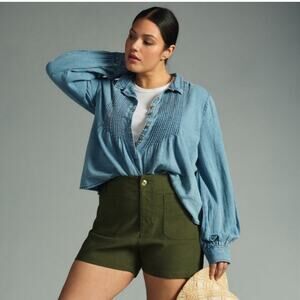 Anthropologie Pilcro Pintuck Button-Front Blouse denim chambray sz 2X
